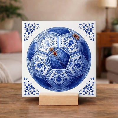 Delftsblauw Tegeltje 11x11 Voetbal – Sportieve Hollandse Wanddecoratie Cadeau