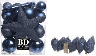 Kerstversiering kunststof kerstballen en hangers donkerblauw 5-6-8 cm pakket van 39x stuks - Met ster vorm piek van 19 cm