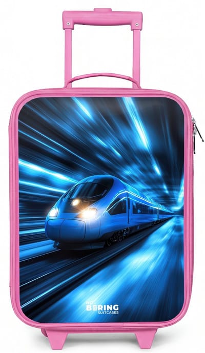NoBoringSuitcases.com® - Kinderkoffer roze - Kindertrolley meisje - Supersnelle trein in neonblauwe tunnel - Koffer kind lichtgewicht - Reiskoffer trolley voor kinderen - Koffertje met lichtgevende wieltjes - Rolkoffer