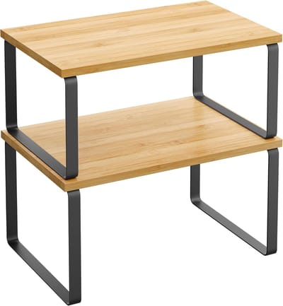 Famanu - Kruidenrek, set van 2, keukenrek, keukenorganiser, uitbreidbaar, kruidenhouder, stapelbaar, gemaakt van metaal en bamboe, zwart-naturel kleur KCS02NB