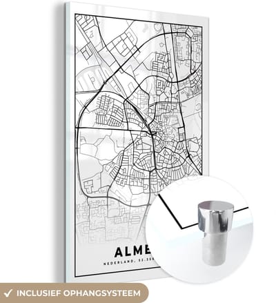 MuchoWow® Glasschilderij 40x60 cm - Schilderij acrylglas - Kaart - Almelo - Zwart - Wit - Foto op glas - Schilderijen