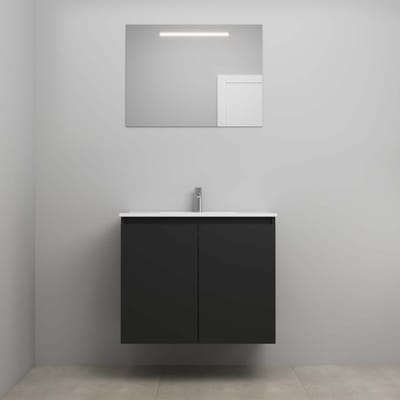 On-Line Badkamermeubelset - 80 cm - Bouwpakket - Greeploos 2 Deuren - Porseleinen Wastafel - 1 Kraangat - Spiegel met LED-Verlichting - Mat Zwart