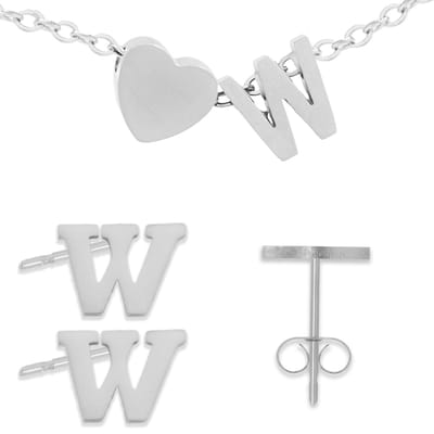 Initiaal Armband & Oorbellen set met Letter W Zilverkleurig - Stainless Steel - Met letter & Hartje! - 2x Sieraden Cadeau - Pax Amare