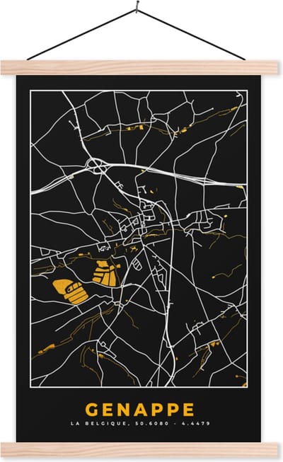 Posterhanger incl. Poster 40x60 cm - Schoolplaat - Genappe - Plattegrond - Goud - Kaart - Stadskaart - Textielposter - Blanke latten - Stadskaart
