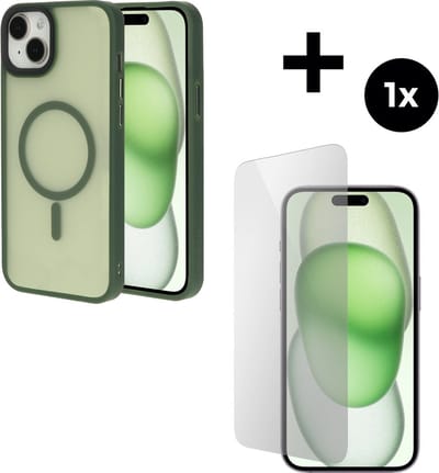 Mobiparts Hardcover MagSafe hoesje geschikt voor Apple iPhone 15 Plus - MagSafe - met 1 Screenprotector van Gehard Glas - Groen