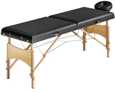 Massagetafel, opvouwbaar ontwerp met verstelbare hoogte en hoofdkussen. Geschikt voor massages of make-up. 215 x 70 x 86 cm zwart hout.