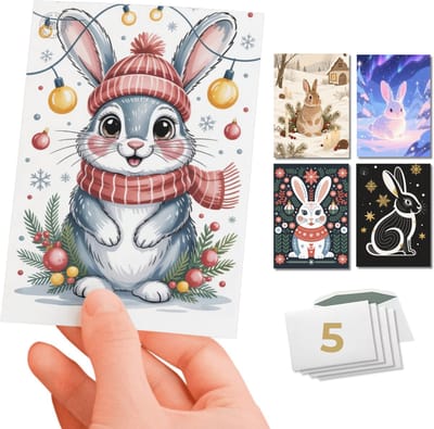 Inspra Studio – Luxe Kerstkaarten met Enveloppen – 5 Stuks – Dieren Wenskaarten Collectie – Mix van 5 Unieke Illustratiestijlen – Konijn