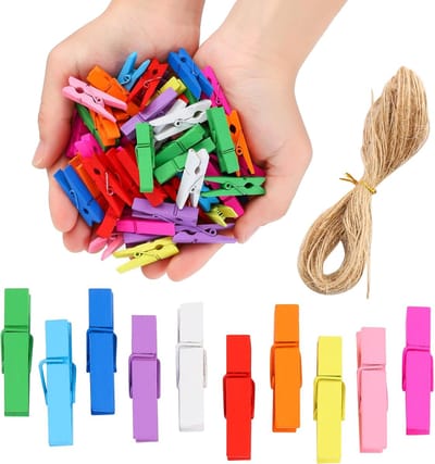 100 Houten Mini Wasknijpers met Jute Touw voor Foto's en Knutselen in Kleur