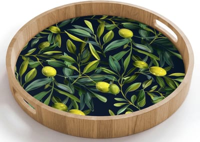 Dienblad rond 40x40 cm - Schootdienblad hout - Citroenen - Bladeren - Natuurlijk - Borrelplank rechthoek - Plateau houten dienbladen