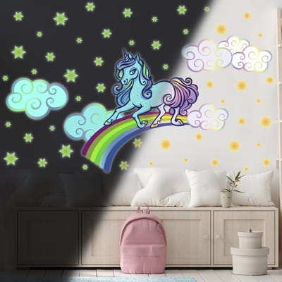 Lichtgevende sticker - EENHOORN OP EEN REGENBOOG - Fluorescerende muur-/plafondsticker voor kinderen - 110x145cm