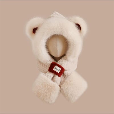 Chapeau Écharpe Gants Peluche Ours Mignon Color Block Intégrés pour Femmes Velours Plus Épais Protection Oreilles Vélo et Chaleur Chapeau Lei Feng beige