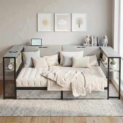 HAUSS SPOLE Dagbed 140x200 cm - Jeugdbed Met USB En USB C, 2 Laden En Opbergruimte - Zonder Matras - MDF En Metaal - Grijs