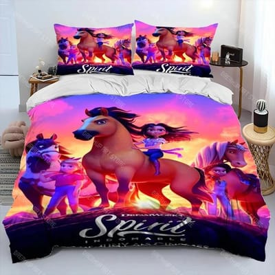 Cartoon Spirit Riding Free Paarden Dekbedovertrek Set 2_3 Stuks Jongens Meisjes Eenpersoons Tweepersoons Maat Dekbedovertrek Kussensloop Bed EU Single 150x200cm
