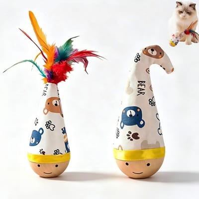 Interactief houten kattenspeeltje, set van 2, tuimelend wiebelspeeltje voor binnenkatten en kleine honden, zelfoprichtend met kleurrijke veren.