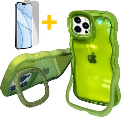 Hoesje voor iPhone 16 Pro Max, Dubbele Standaards Case, Wavy TPU Hose met Golfrand, Schattige Schokbestendige Hose voor Vrouwen-Transparant Design, Groen - Screenprotector