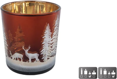 Theelichthouder bruin glas hert dennenboom sfeervol decoratie 7,5x7,5x8cm.