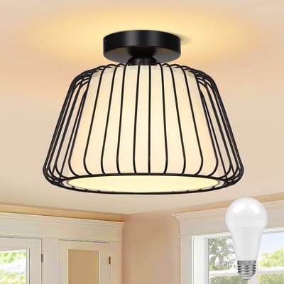 Rosnek Moderne Industriële Plafondlamp - 3-Kleuren LED Dimbaar Plafonnieres- Zwart Metaal + Witte Kap - Ø30cm - Voor Slaapkamer/Gang/Woonkamer