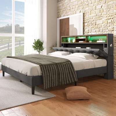 DESMIU Gestoffeerd Bed 140x200 cm – Tweepersoonsbed Met LED – Hoofdbord Met Opberging – Lattenbodem – Moderne Slaapkamer – Grijs – Zonder Matras