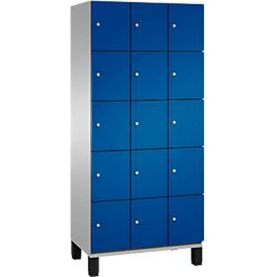 C+P Cambio lockerkast, 3 vakken, 15 vakken, op poten, B 900 x D 525 x H 1980 mm, blank aluminium/ gentiaanblauw