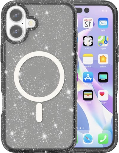 YPCd Glitter Hoesje met MagSafe voor Apple iPhone 16 – Shockproof TPU Backcover – Verhoogde Randen – Transparant Zwart
