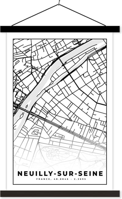 Posterhanger incl. Poster 40x60 cm - Schoolplaat - Kaart - Plattegrond - Frankrijk - Stadskaart - Neuilly-sur-Seine - Zwart wit - Textielposter - Zwarte latten - Stadskaart