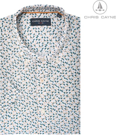 Chris Cayne heren overhemd - borstzak - M - beige/blauw - geprint dessin - korte mouw - 100% Katoen