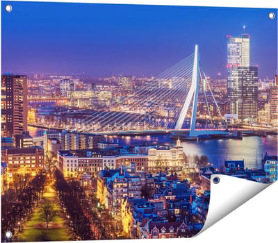 Gards Tuinposter Rotterdamse Skyline met de Erasmusbrug - 80x60 cm - Tuindoek - Tuindecoratie - Wanddecoratie buiten - Tuinschilderij