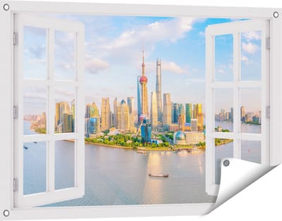 Gards Tuinposter Doorkijk Skyline Shanghai Stad in China - 90x60 cm - Tuindoek - Tuindecoratie - Wanddecoratie buiten - Tuinschilderij