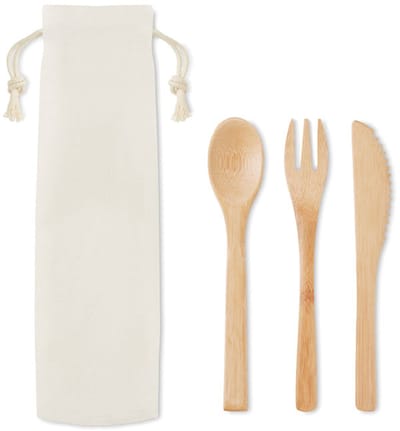 Bestek set - Bamboe - Besteksetje - Vork / mes / lepel - Met opbergzakje - Reisbestek - Kampeer bestek - Herbruikbaar bestek voor onderweg - Travel cutlery - Jonyx