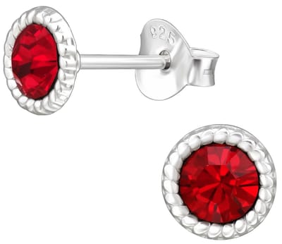 Joy|S - Zilveren ronde oorbellen - kristal rood - 6 mm - oorknoppen - sterling zilver 925 - zilver bolletjes randje