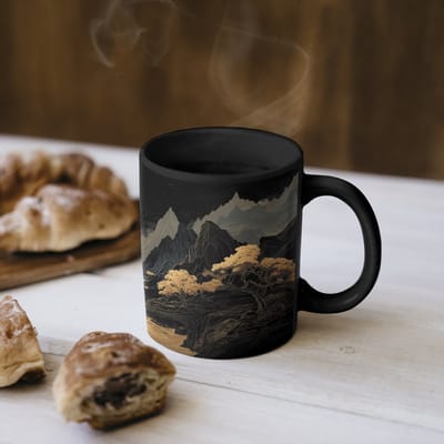 Magische Mok - Foto op Warmte Mokken - Koffiemok - Gouden rivier - Bergen - Maan - Sterrenhemel - Magic Mok - Beker - 350 ML - Theemok