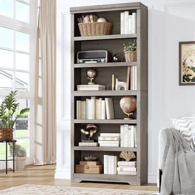 Hoge Boekenkast met 6 Planken - Grijs Open Vakkenkast met Verstelbare Planken - Opbergkast voor Woonkamer, Kantoor & Slaapkamer - 190 cm Hoog