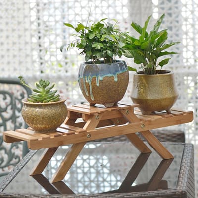 Étagère de Rangement Pliable en Bois à 2 Niveaux pour Plantes en Pot et Fleurs Jardin