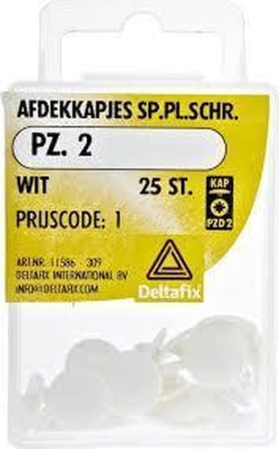 Afdekkapje wit voor Houtschroef. kruiskop pozidrive-2. PZD-2. WIT. 25 stuks. Deltafix.