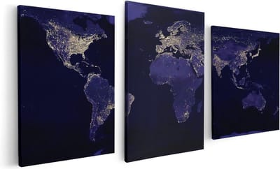 Artaza Canvas Schilderij Drieluik Wereldkaart Met Licht Observaties - 120x60 - Foto Op Canvas - Canvas Print