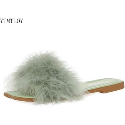 Muiltjes Slippers Dames Mode Vierkante Teen Harige Platte Schoenen Kantoor Dames Slides Flats Groen Wit Roze Ytmtloy Zapatillas Mujer 38 gray