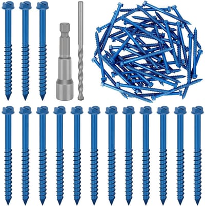 52-delige 1/4 x 3-1/4 "Schlitz Hex waschkopf betonschroeven ankerkit, blauwe zwaarlast cementschroeven met boorhuls en drijfhuls voor verankering in metselwerk, stucwerk