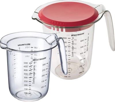 Set 2-delig, maatkannen 0,5 l en 1 l met deksel, meertalige meetschalen, kunststof, transparant/rood,