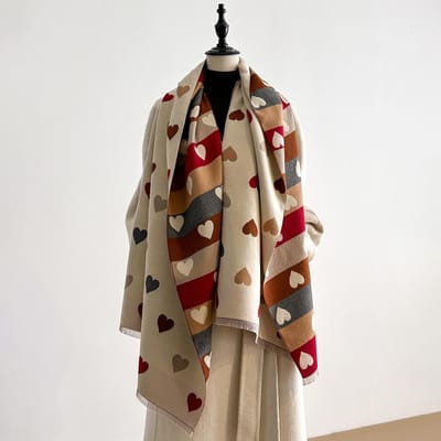Dames Warme Winter Kasjmier-achtige Sjaal - Dik Kleurrijk Hart Print Pashmina Sjaal, Dekenomslag, Bufanda, Poncho & Echarpe gray