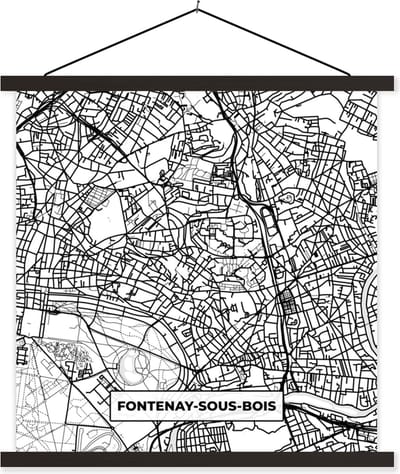 Posterhanger incl. Poster 60x60 cm - Schoolplaat - Stadskaart - Frankrijk - Fontenay-sous-Bois - Kaart - Plattegrond - Zwart wit - Textielposter - Zwarte latten - Stadskaart
