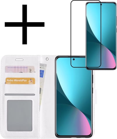Hoesje - Met Screenprotector - Geschikt voor Xiaomi 12X - Luxe Pasjeshouder - Bookcase Portemonee - Flip Case - Kunstleer Book Case - Flipcase - Book Cover - Walletcase - Portemonneehoes - Wit