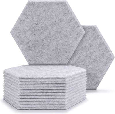 Akoestische absorptiepanelen zeshoekig 12 stuks 30 x 26 x 09 cm - geluidsisolatie paneeltegels zilvergrijs