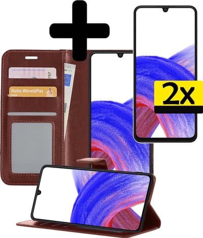 Hoesje - Met 2x Screenprotector - Geschikt voor Samsung Galaxy A33 - Luxe Pasjeshouder - Bookcase Portemonee - Flip Case - Kunstleer Book Case - Flipcase Hoes - Book Cover - Walletcase - Portemonneehoes - Telefoonhoesjes - Bruin