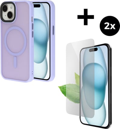 Mobiparts Hardcover MagSafe hoesje geschikt voor Apple iPhone 15 - MagSafe - met 2 Screenprotectors van Gerecycled Gehard Glas - Roze/Purple