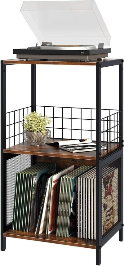 Vinyl Platen Stand met 3 Niveaus, Opbergmeubel voor Platen, Turntable Tafel en Display Rack voor Woonkamer en Slaapkamer (Bruin)