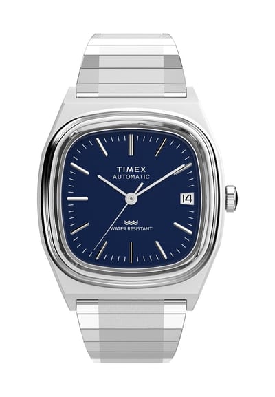 Timex Men's E-Line Expansion Band Mechanisch Automatisch Horloge Zilverkleurig En Blauw Kast Gemaakt Van 100% Roestvrij Staal En Een Armband Van 100% Roestvrij Staal 34 TW2Y07400AJ