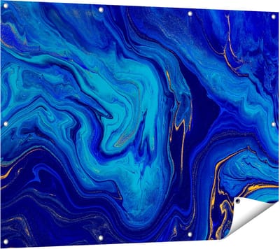 Gards Tuinposter Abstracte Kunst - Blauw met Gouden Verf - 120x90 cm - Tuindoek - Tuindecoratie - Wanddecoratie buiten - Tuinschilderij