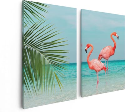 Artaza Canvas Schilderij Tweeluik Twee Flamingo's in het Water - 80x60 - Foto Op Canvas - Canvas Print