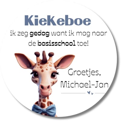 Sticker ‘Kiekeboe’ giraffe blauw – 20 stuks – basisschool – met naam – 40 mm