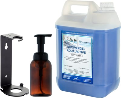 Zeepdispenser 300 ml amber bruin hervulbaar + 5 liter Showergel Aqua Active navulling (inclusief beugel)